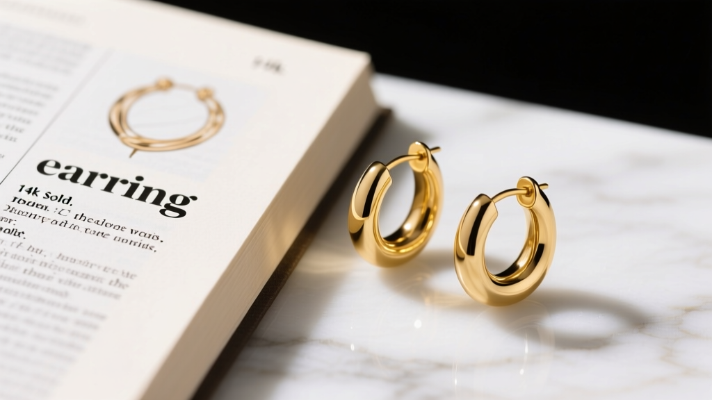 Macro shot of a dictionary defining earring beside polished 14k solid gold huggie hoop earrings resting on a white marble surface.