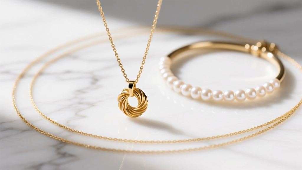 Flat lay of layered gold necklaces showing a micro pastina pendant on a 0.9mm cable chain beside a simple pearl choker on marble.