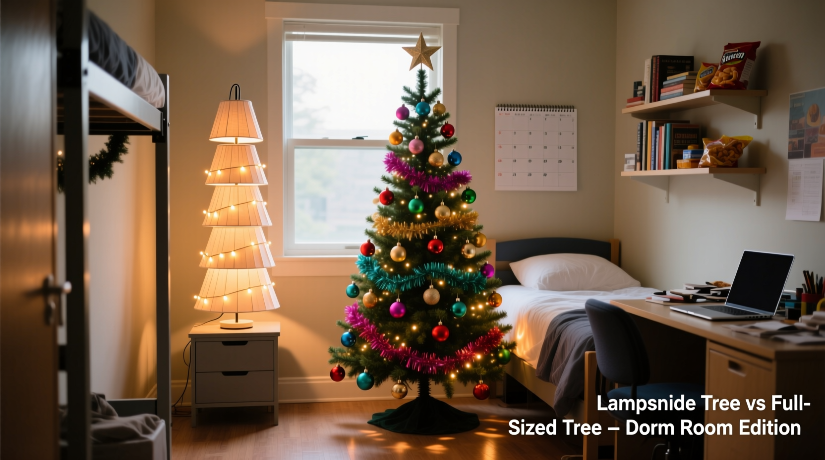 lamp shade christmas tree vs full sized tree which works in dorm rooms