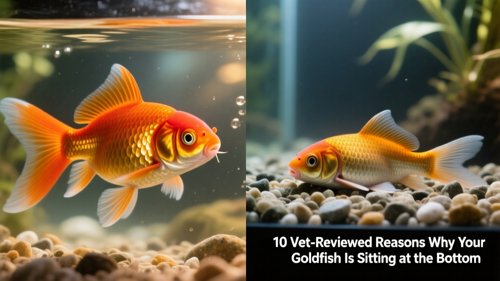 Side-by-side comparison of a healthy, vibrant goldfish swimming actively versus a lethargic one resting motionlessly on gravel