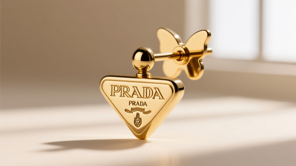 Macro view of gold-plated brass earring post and butterfly backing, highlighting the smooth finish and engraved Prada logo font