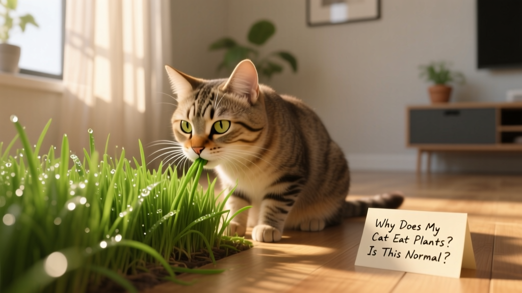 A curious cat gently nibbling on a patch of safe, green cat grass in a sunny indoor spot