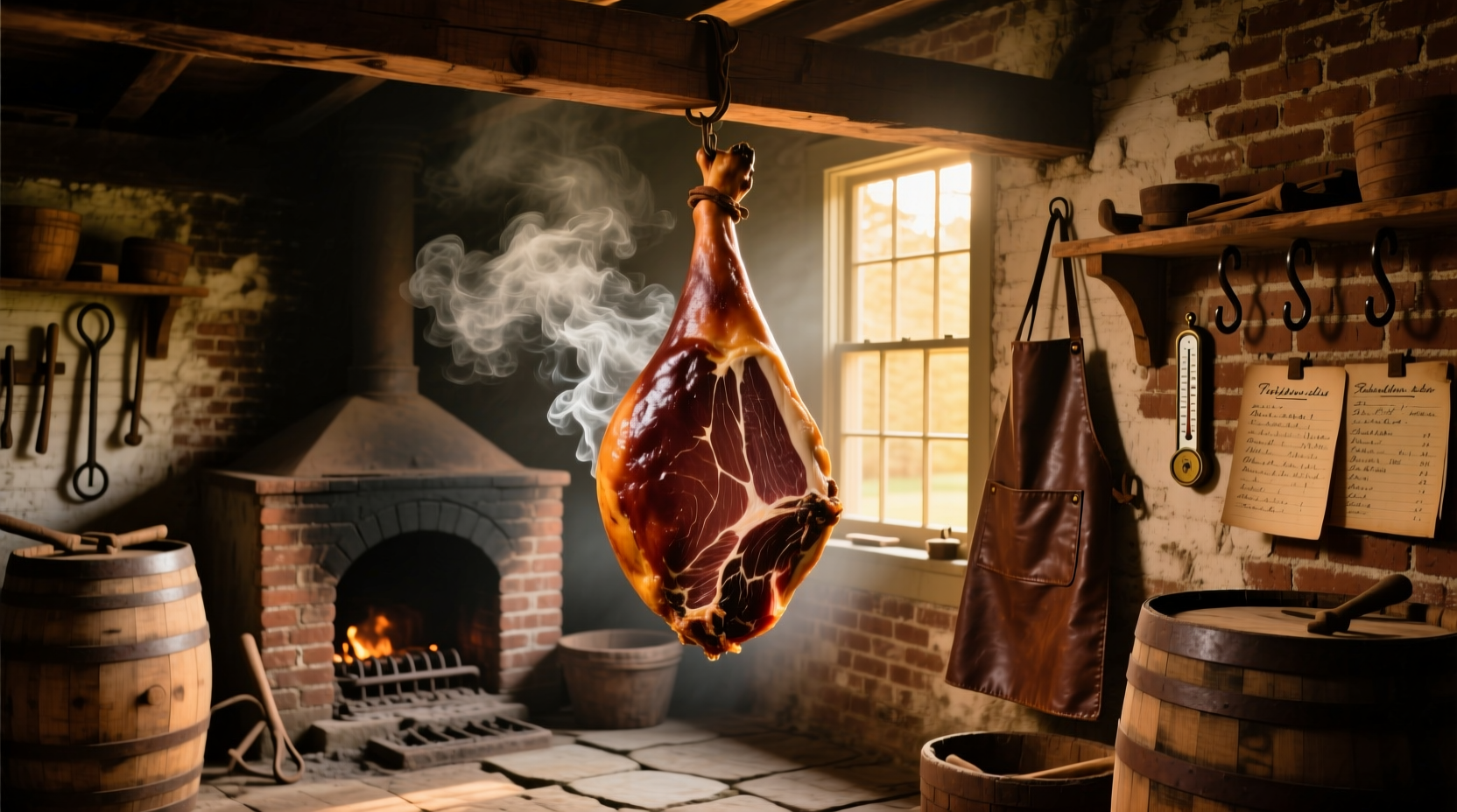 Traditional Virginia ham curing in a Smithfield smokehouse