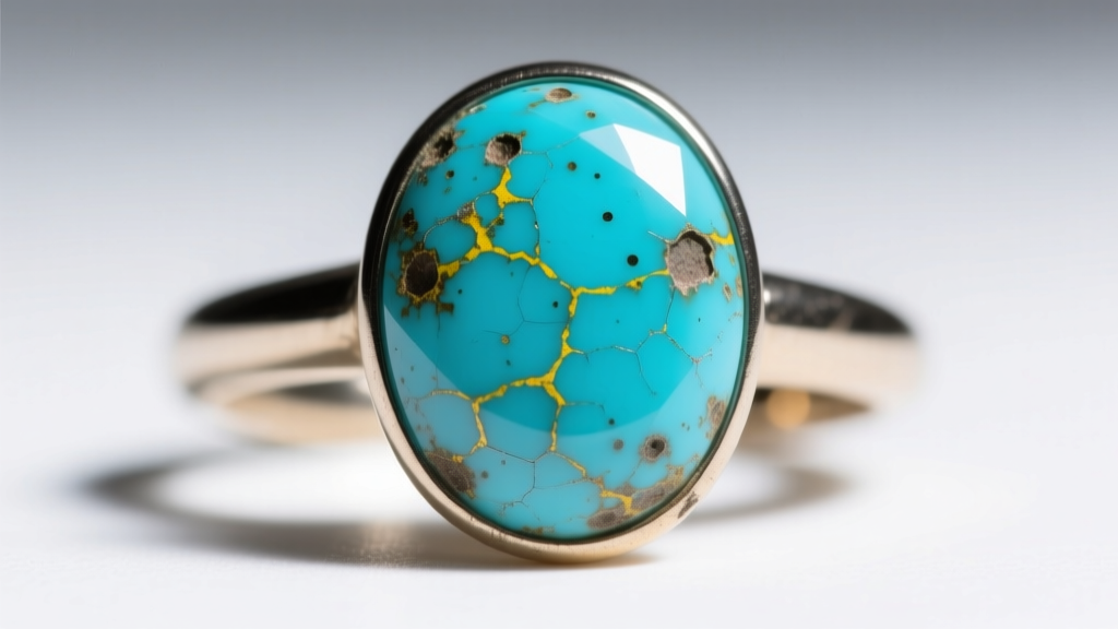 Macro shot of a blue turquoise cabochon ring showing surface pitting and discoloration caused by harsh alkaline chemical exposure.