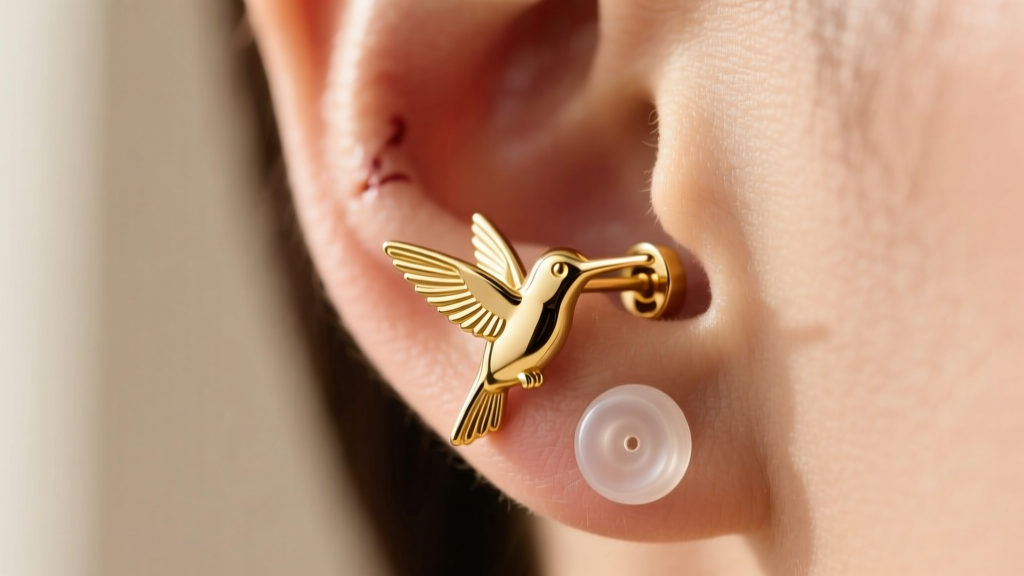 Side view of a 20-gauge gold hummingbird stud earring post through a healed earlobe, highlighting a secure silicone friction back