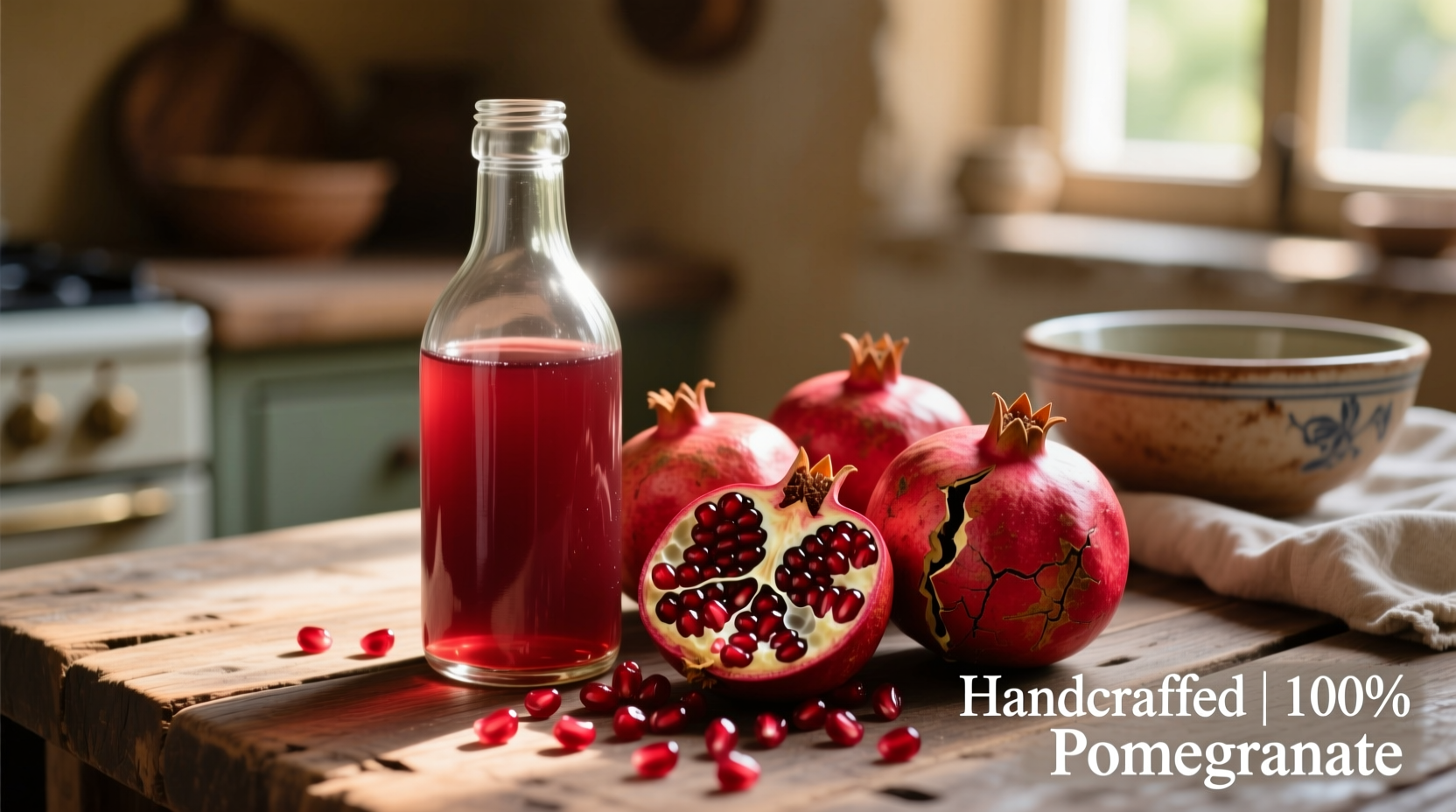 Bottle of homemade grenadine syrup next to pomegranates