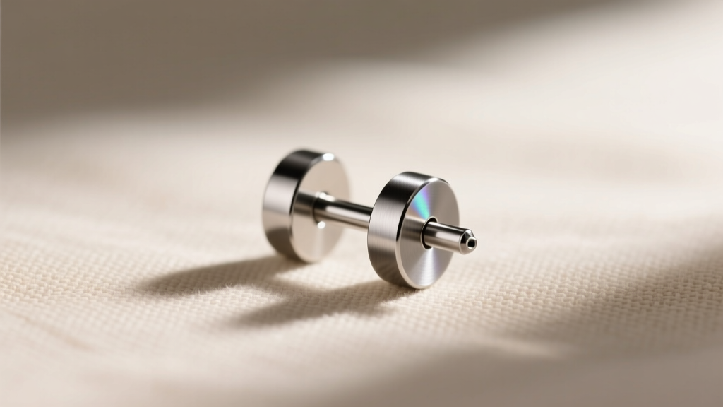 Macro shot of an implant-grade titanium flat back labret earring with an 8mm post, resting on a soft beige linen cloth surface.