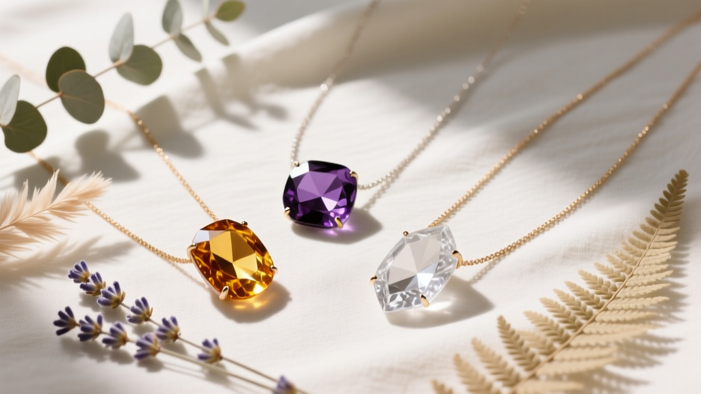 Flat lay of three crystal necklaces: citrine, amethyst, and clear quartz, arranged on linen cloth with dried botanicals nearby.