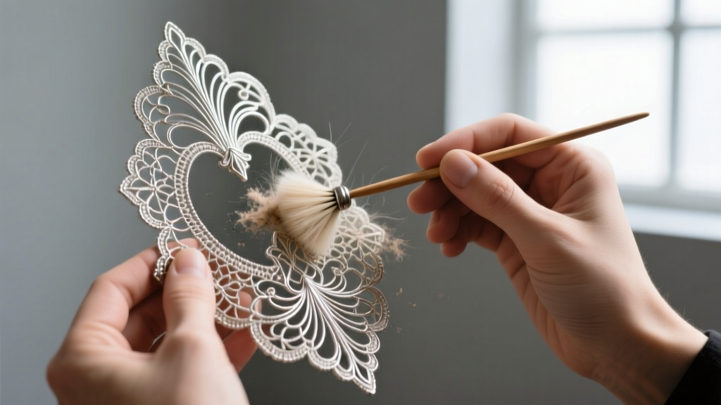 Conservator hands using a soft baby hairbrush and wooden skewer to gently dry-clean dirt from intricate Art Deco platinum lace