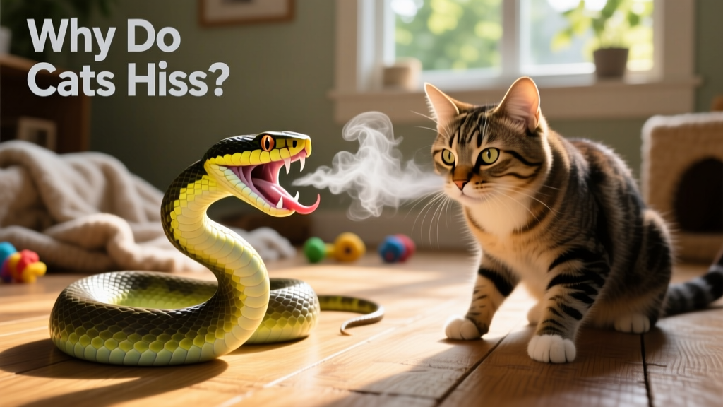 Side-by-side illustration comparing a coiled snake hissing and a cat in a defensive crouch, both emitting visible breath