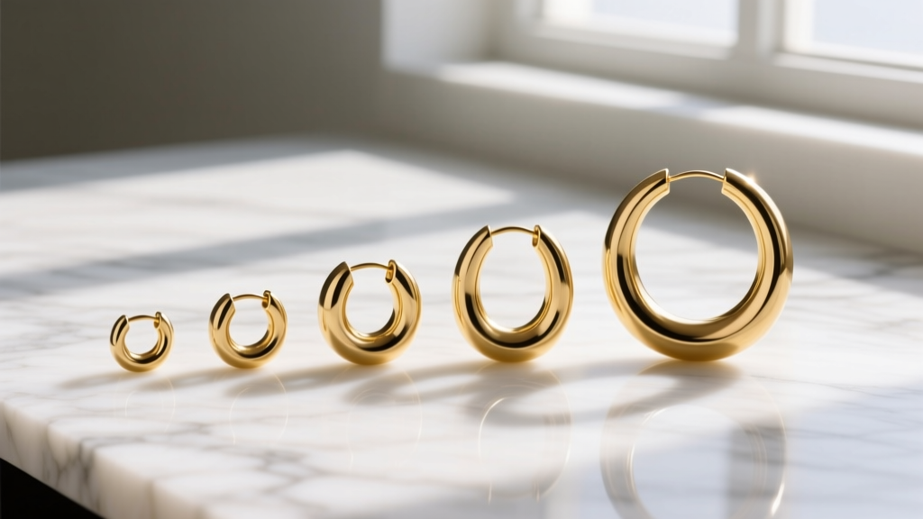 Flat lay of five gold hoop earrings arranged in ascending order from 10mm huggies to 50mm large hoops on white marble.