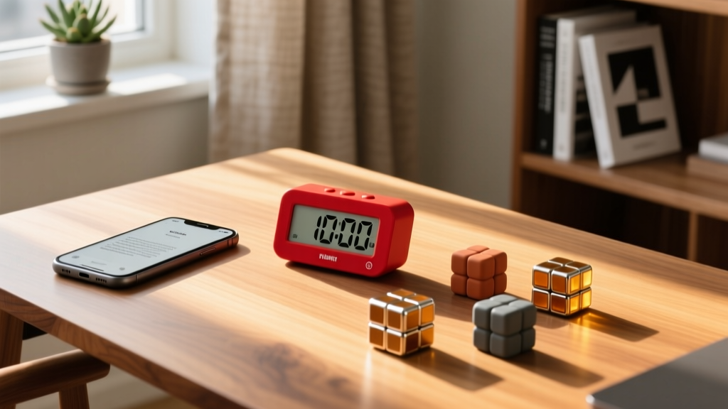 Organized wooden desk featuring a red visual timer, an e-ink smartphone, and magnetic fidget cubes in warm morning sunlight.