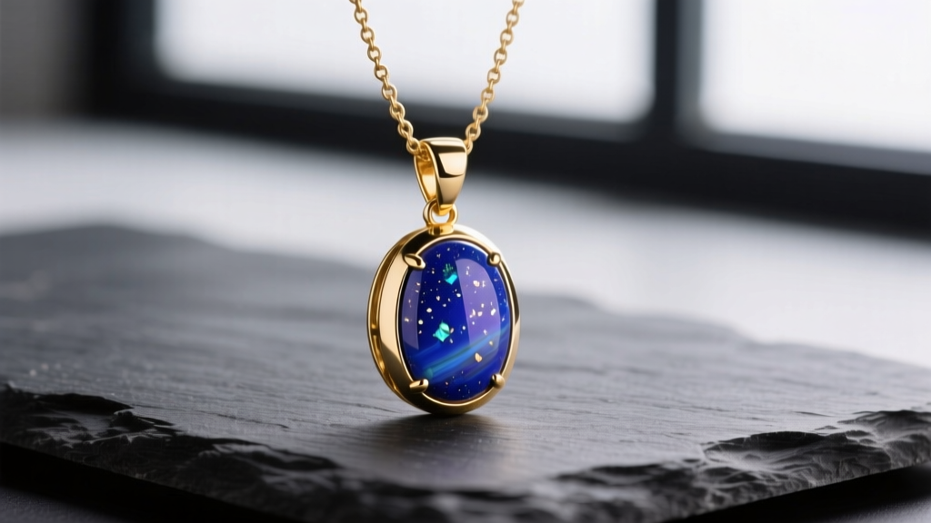 Close-up of a 14k gold pendant necklace with a bezel-set oval lapis lazuli stone showing pyrite flecks, resting on dark slate