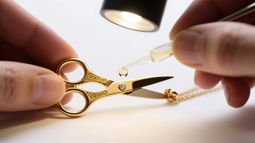 Hands using a micro-oiler to apply lubricant to the hinge of a gold scissors necklace pendant under a bright magnifying lamp.