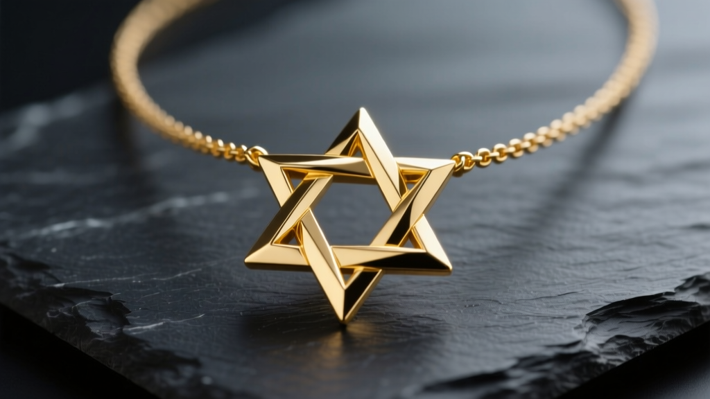 Minimalist 18k yellow gold merkaba necklace on dark slate, highlighting sharp geometric edges under soft studio lighting