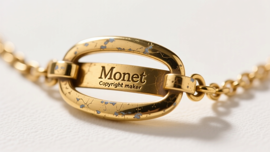 High-res scan of a vintage Monet gold-tone necklace clasp showing the stamped Monet copyright maker mark from the mid-1980s era