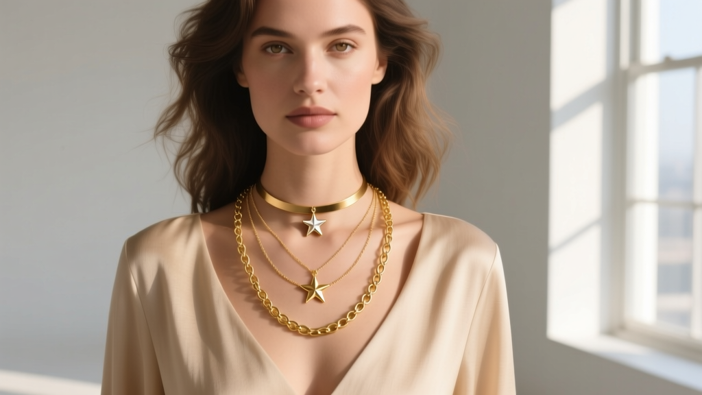 Woman layering a 14-inch choker, a 16-inch dainty star necklace, and an 18-inch gold rolo chain over a soft beige linen top.