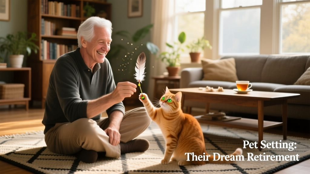 John sitting cross-legged on a living room rug, playfully interacting with a curious ginger cat