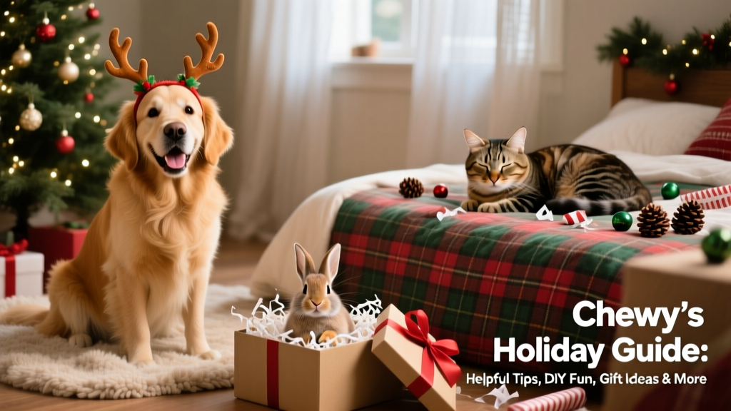 A festive photo collage showing a dog wearing antler headband, a cat curled up on a plaid holiday bed, and a rabbit peeking from a gift box lined with shredded paper