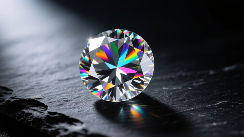Macro shot of a D-color round moissanite gemstone on dark slate, showing intense spectral fire and sharp facets under a spotlight