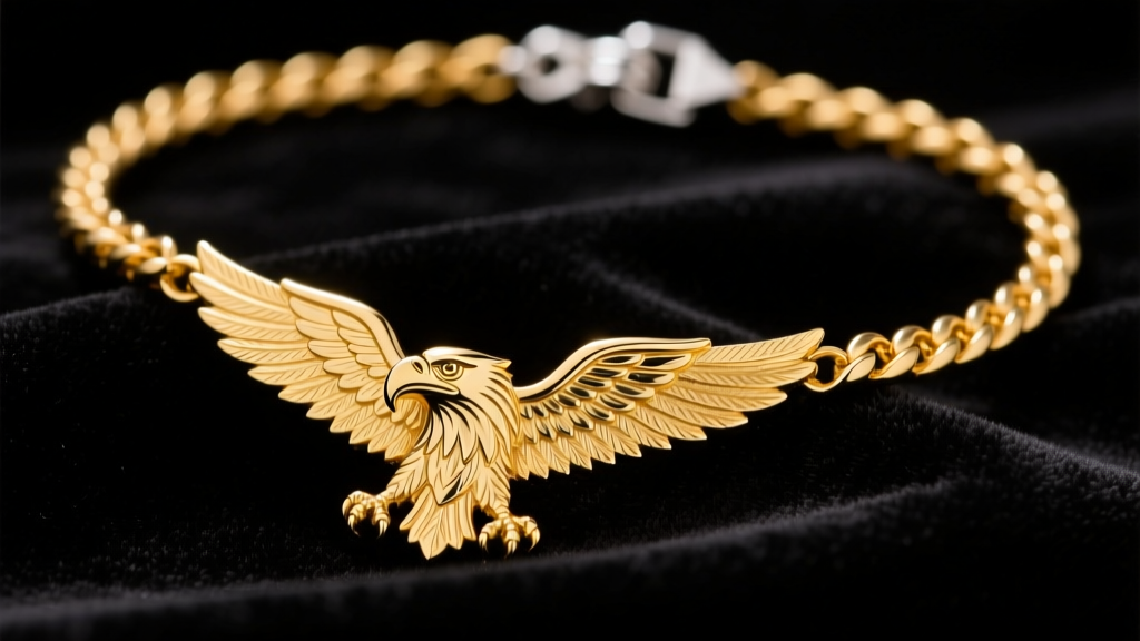 Close-up of an 18k yellow gold French sautoir necklace with an eagle head hallmark stamped on the clasp, resting on dark velvet.