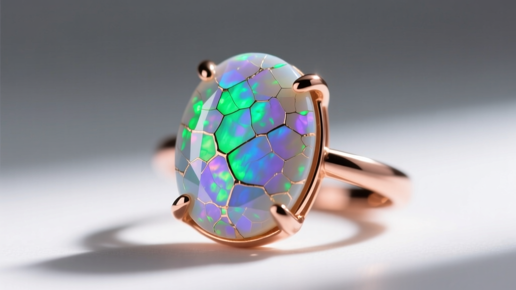 Macro shot of a natural opal in 14k rose gold, showing tiny surface cracks caused by soaking in harsh DIY cleaning solutions.