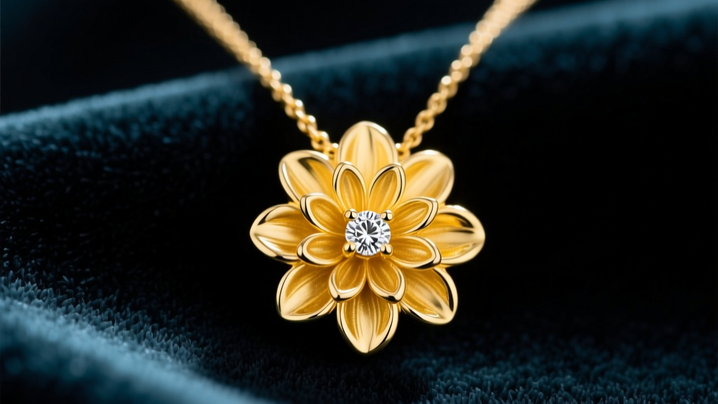 Close-up of an 18k yellow gold dahlia necklace pendant with intricate petal detailing and a central diamond on dark velvet