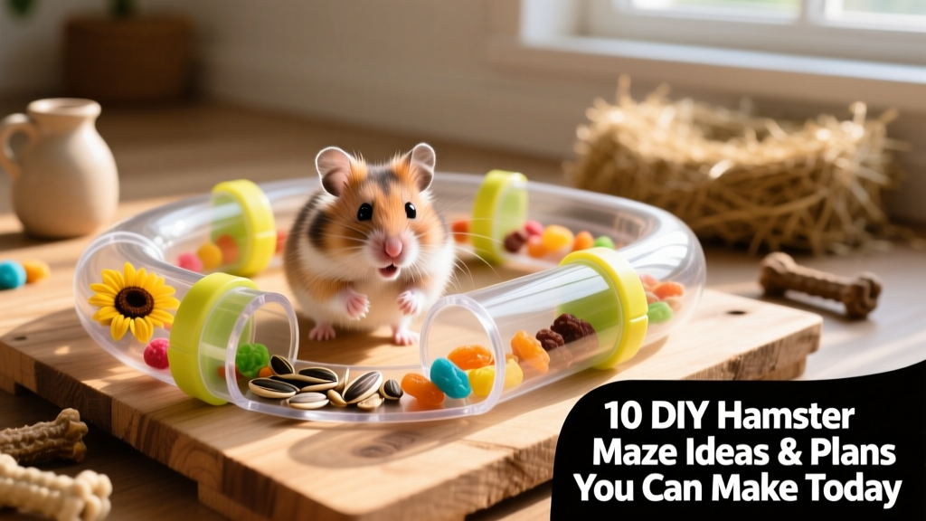 A happy Syrian hamster navigating a FurPetVo modular maze with clear tunnels and visible treats inside