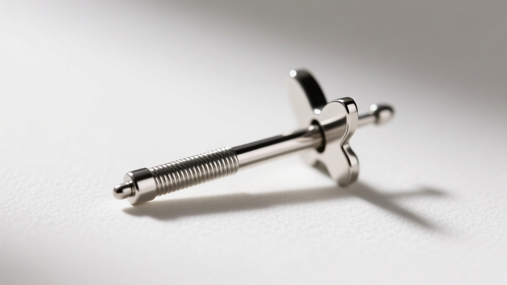 Macro shot of a 20-gauge surgical steel potara earring post highlighting smooth threading and a secure butterfly backing.