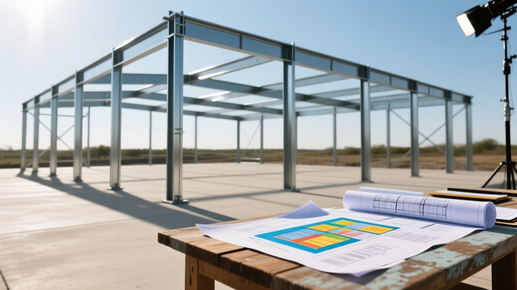Newly erected 40x60 galvanized steel frame building on a concrete slab with construction loan blueprints and financial documents on a table