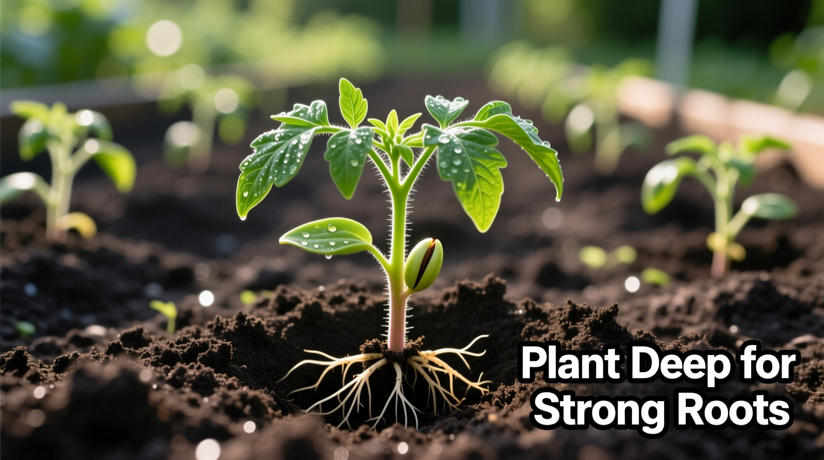 Proper tomato planting depth showing stem buried to first leaves