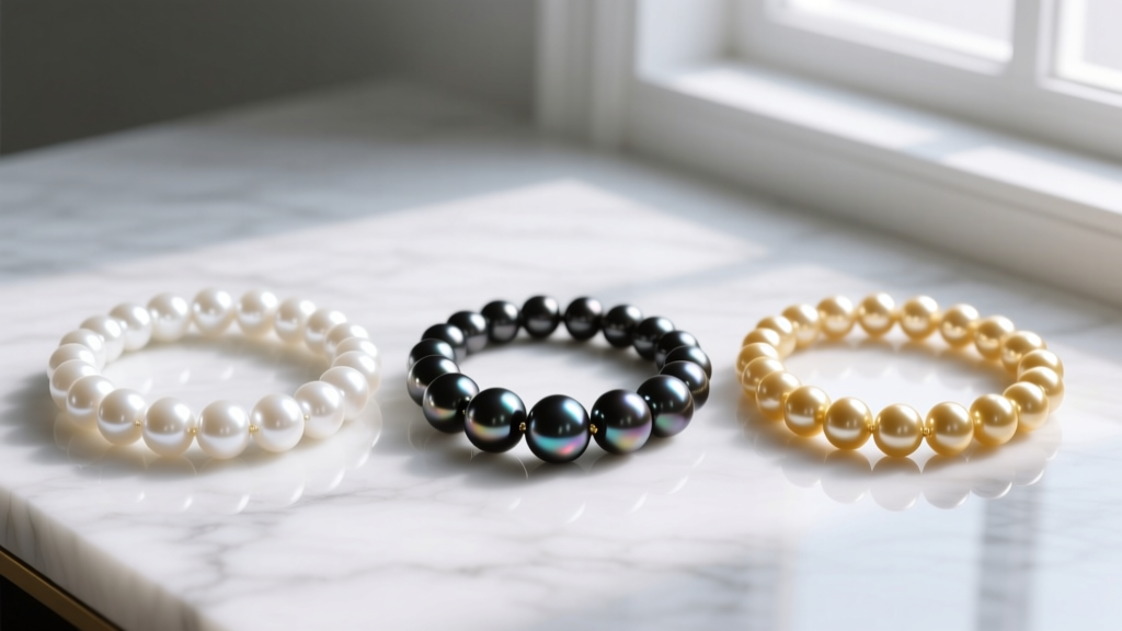 Flat lay of three pearl strands: white Akoya, dark Tahitian, and golden South Sea, resting elegantly on a white marble surface