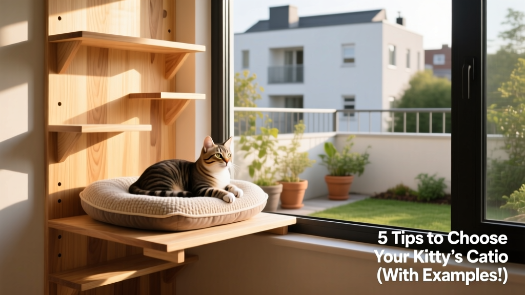 Side view of a sleek, wooden attachable catio extending from a modern home window with visible climbing shelves and a resting perch