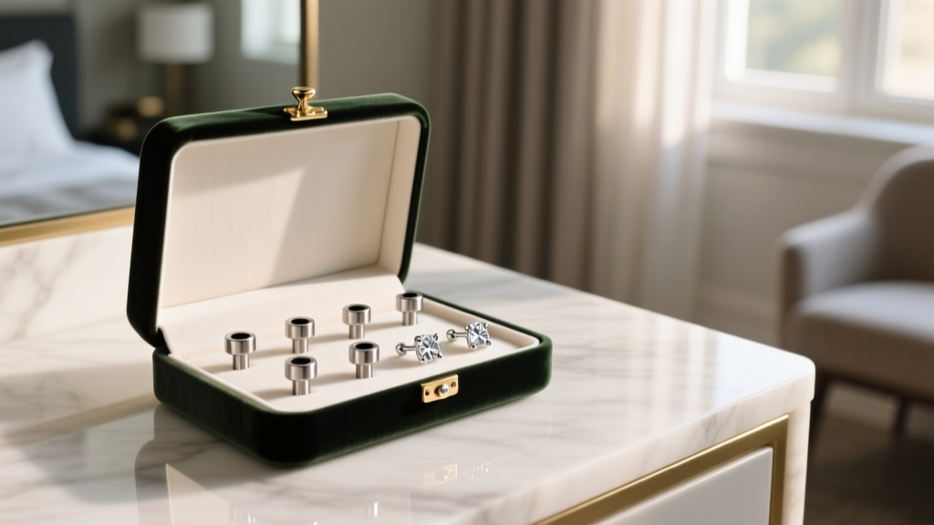 Velvet jewelry box on marble vanity displaying 16-gauge titanium threadless labrets and diamond screw-back earrings in warm light