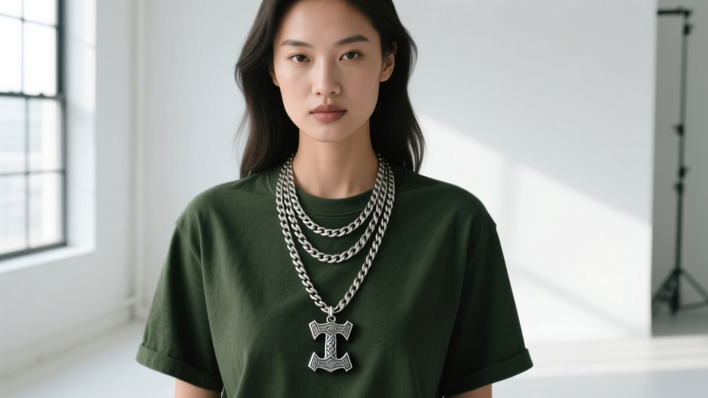 Model wearing a layered sterling silver Thor necklace with a thick wheat chain over a dark olive green heavyweight cotton t-shirt