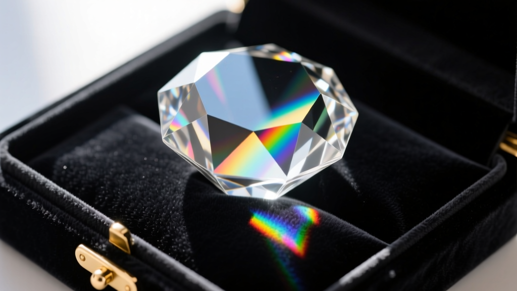 Light refracting through a thick crystal jewelry box lid, casting sharp rainbow prisms onto the dark velvet interior lining below