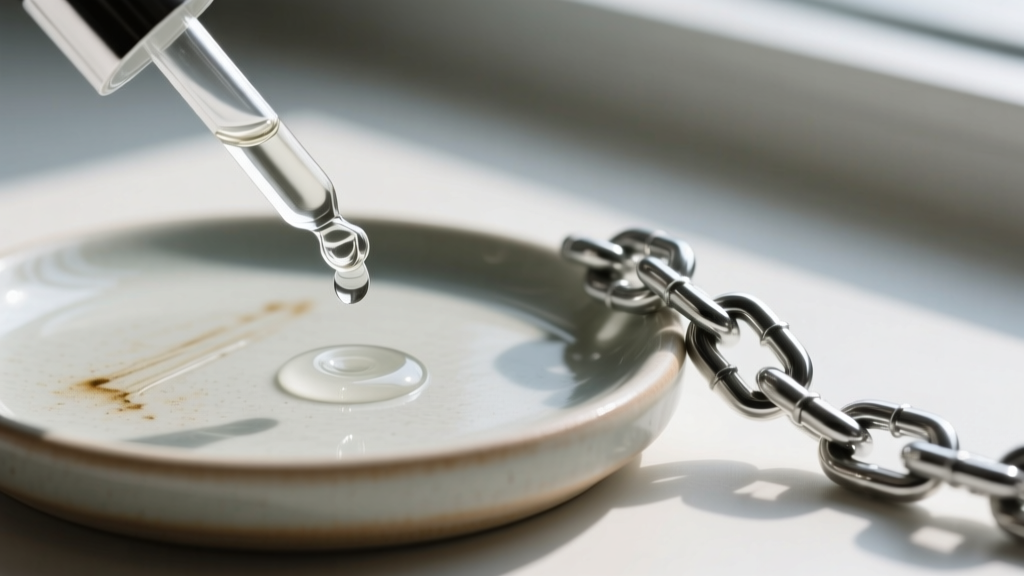 Dropper applying silver testing acid on an unglazed ceramic streak plate beside a thick silver chain link for purity analysis