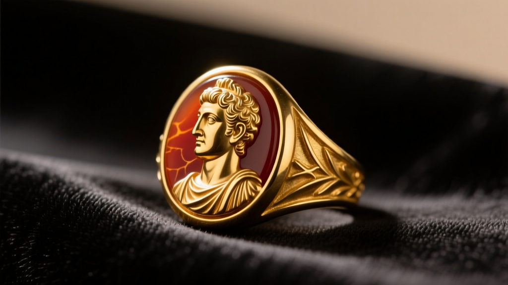 Macro shot of an ancient Roman gold signet ring with a carved carnelian intaglio, resting on dark velvet under warm museum lighting.