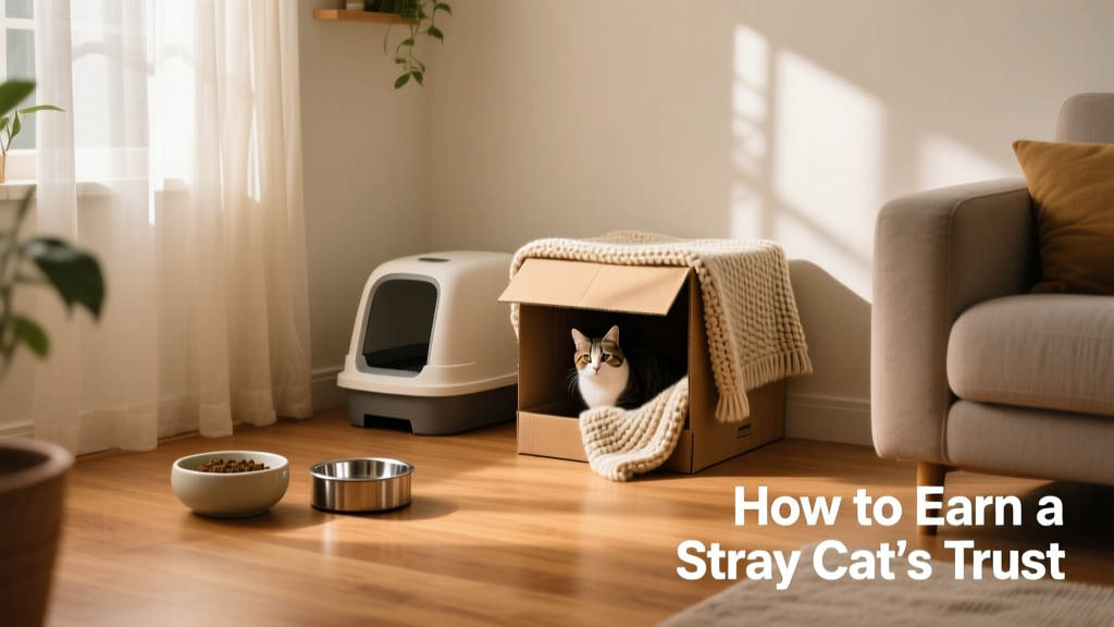 A cozy, clean indoor space with a litter box, food bowl, water dish, and a covered cardboard box with a blanket inside