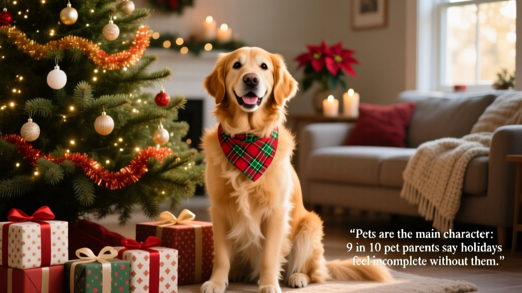 A joyful dog wearing a festive red-and-green bandana, sitting beside a decorated Christmas tree with wrapped gifts nearby