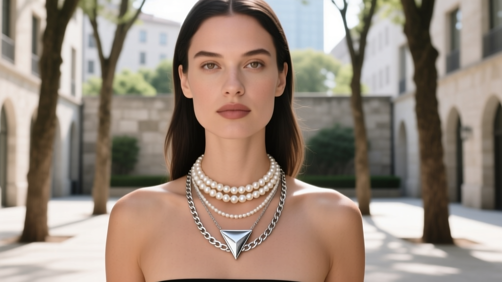 Woman wearing a layered necklace stack with a small titanium triangle pendant, a pearl choker, and a 2mm Cuban link chain outdoors