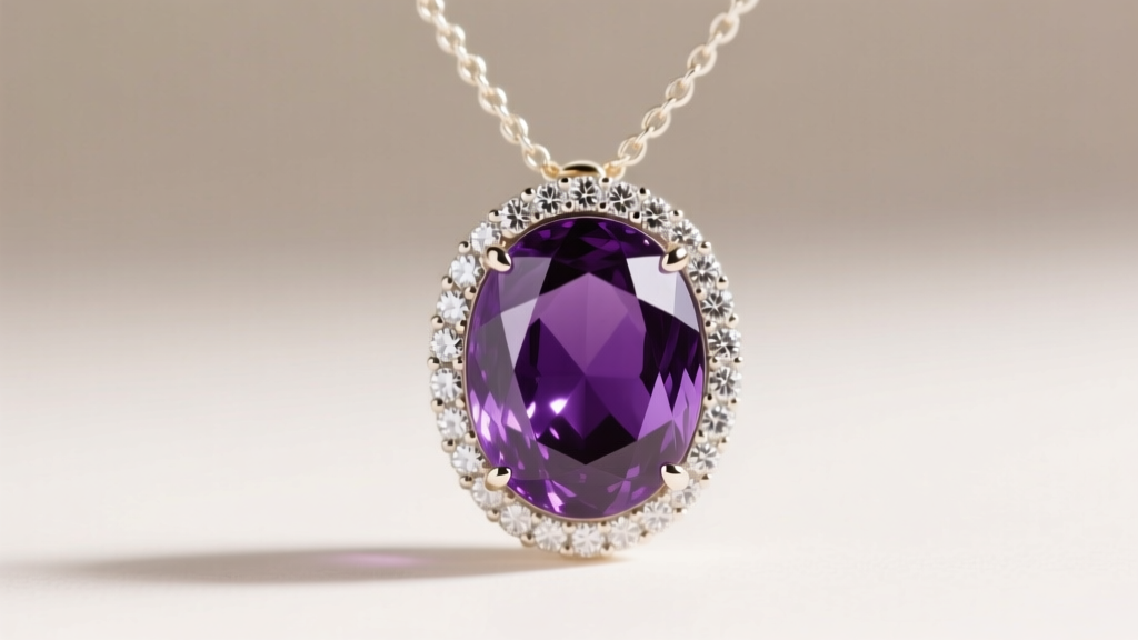 Macro shot of an oval-cut deep purple Siberian amethyst pendant with a micro-pave diamond halo on a delicate white gold chain.