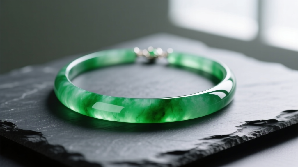 Emerald-green Type A jadeite necklace on dark slate, lit by soft window light to highlight its natural translucency and luster.