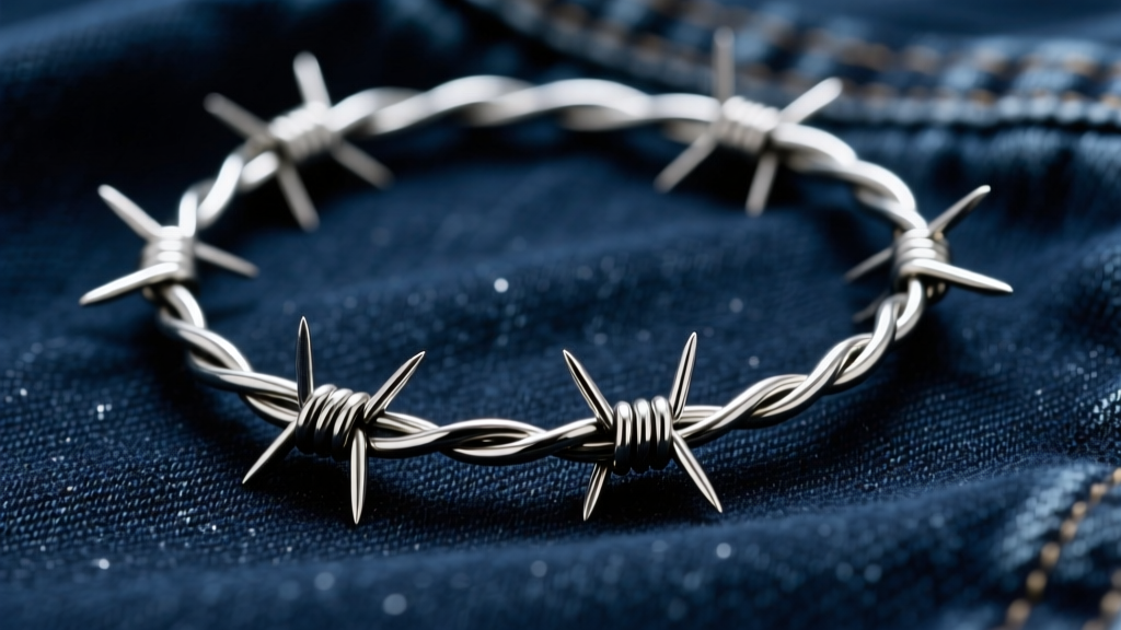 Close-up of a 4mm steel barbed wire chain necklace on dark denim, highlighting metallic twists and sharp barb details.