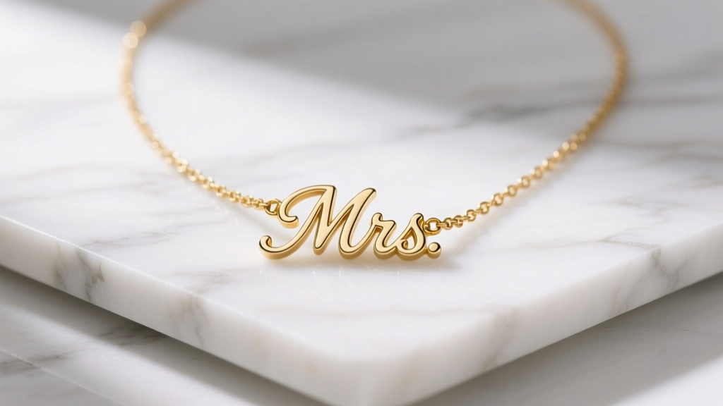 Flat lay of a gold-plated Kate Spade Mrs necklace on white marble, soft natural lighting highlighting the delicate script pendant design