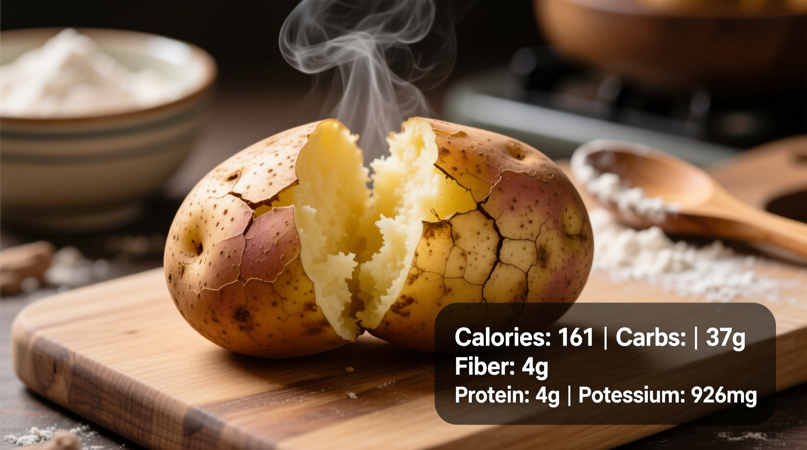 Baked potato with skin showing nutritional analysis