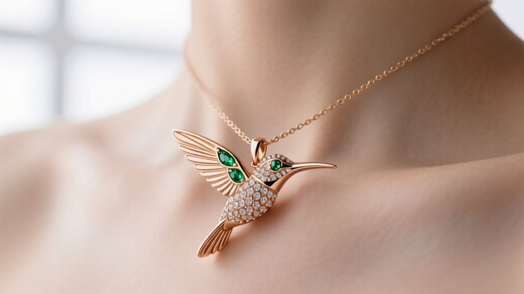 14k rose gold hummingbird pendant with micro-pavé tsavorite eyes hanging from a 1.5mm cable chain against a soft bare neckline.