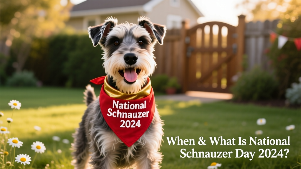 A joyful Schnauzer posing outdoors with a festive bandana
