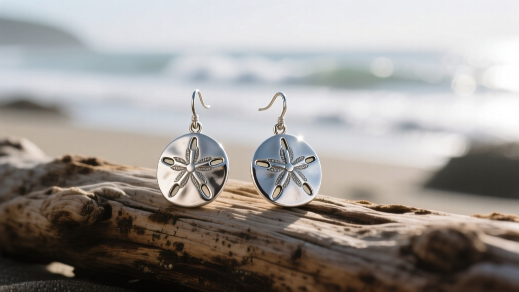 Macro photography of intricate sterling silver sand dollar earrings resting on weathered driftwood, soft coastal sunlight, high detail