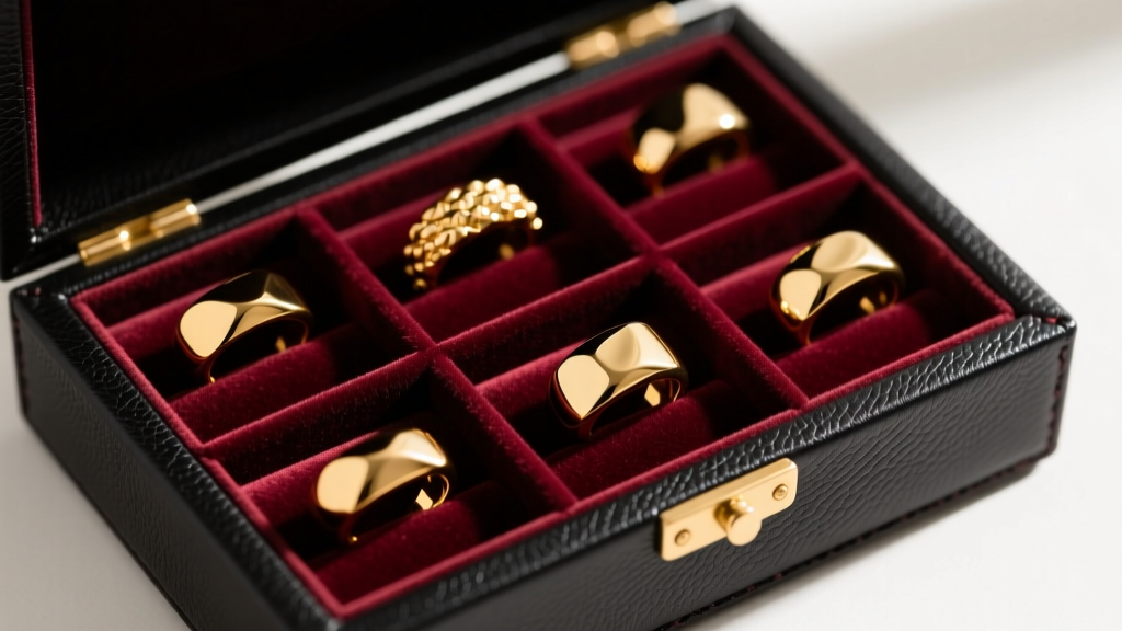 Overhead view of open matte-black cactus leather jewelry box revealing modular velvet inserts holding chunky gold resin rings